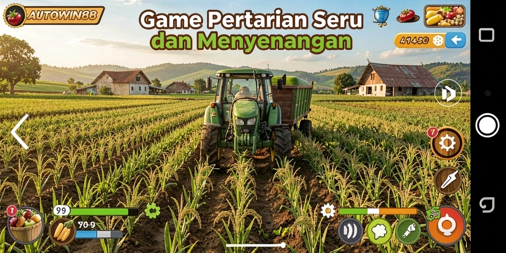Gameplay seru AUTOWIN88 dengan kebun yang subur dan hewan ternak.