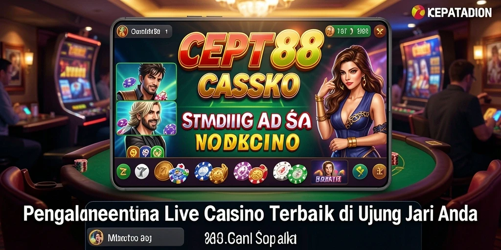 Screenshot menunjukkan dealer profesional dan gameplay interaktif di dalam aplikasi Live Casino.