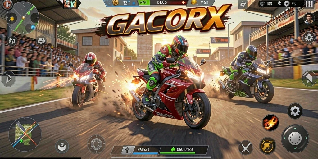 Screenshot GACORX menampilkan aksi balap motor yang mendebarkan.