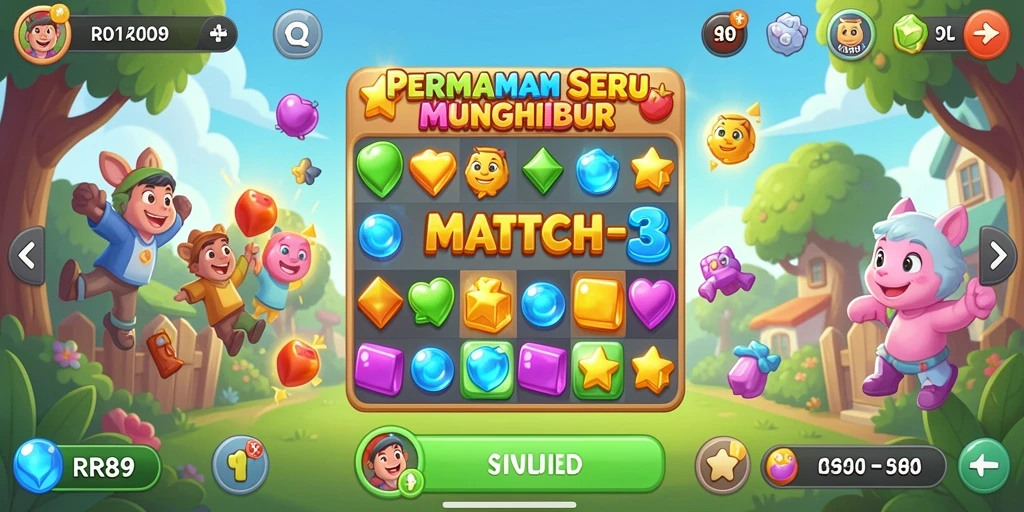 Screenshot RR89 menampilkan gameplay seru pertempuran Match-3.