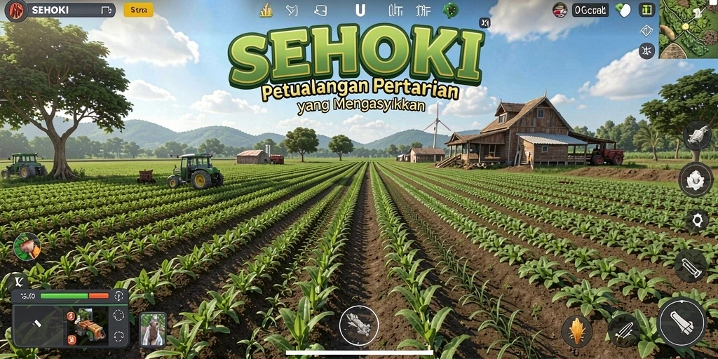 Screenshot gameplay SEHOKI menampilkan kebun yang indah dan tanaman subur.